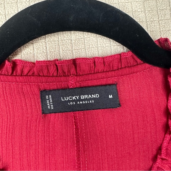 Lucky Brand Womens Boho Blouse Top Size M Red Satin V Neck Long Sleeve Tie Front - Picture 7 of 10